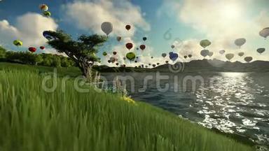 空中气球飞过美丽的湖泊和环绕群山的绿色草地